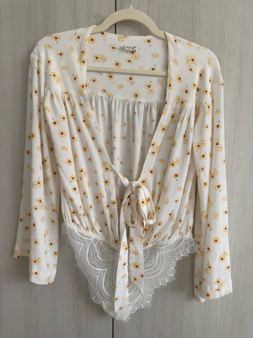 Free People Floral and Lace Tie-Front Bodysuit - White/Yellow
